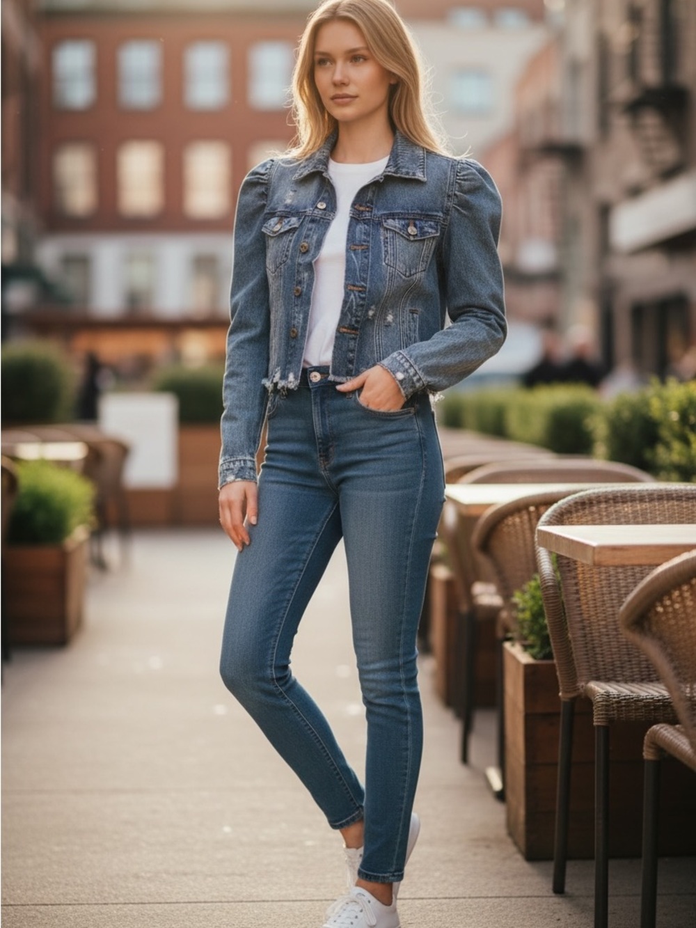 Forever 21 Light Blue Puff-Sleeve Cropped Denim Jacket